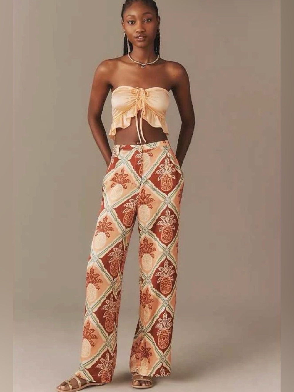 FARM Rio x Anthropologie High-Rise Wide Leg Pineapple Print Satin Pants Size S